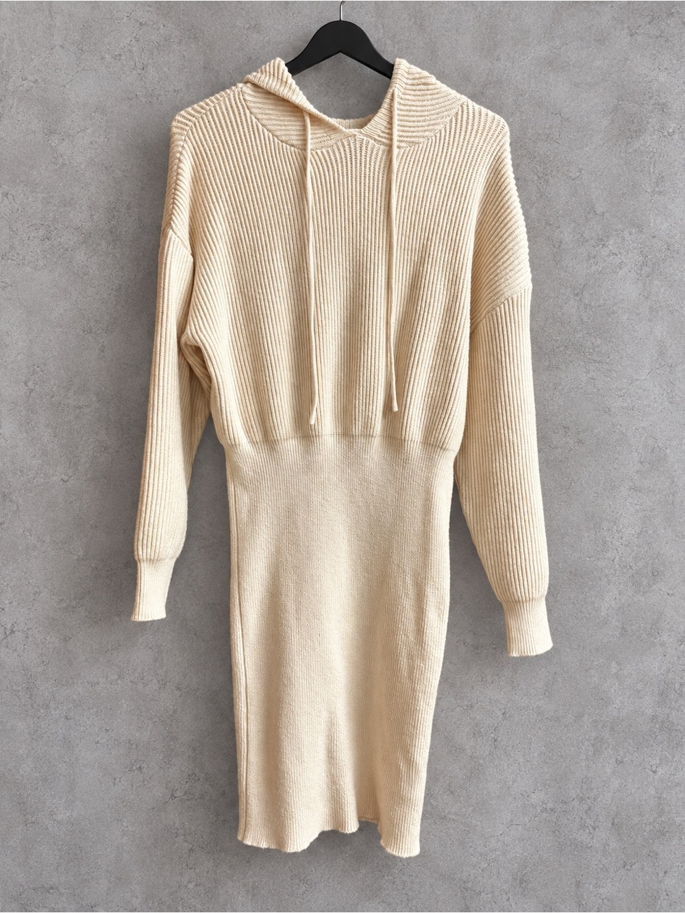 PRETTYGARDEN Cream Ribbed Hooded Sweater Dress Women’s M Long Sleeve Bodycon